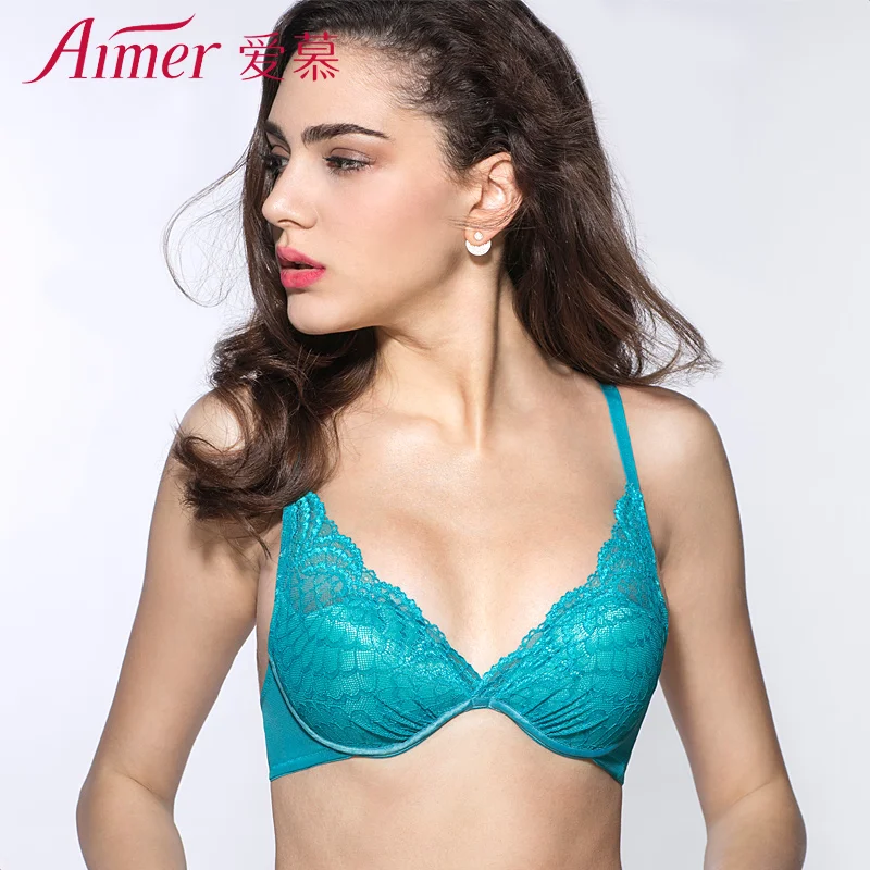 Aimer Sexy Lingerie 2 Colors Push Up Bra Women Deep V Lace Underwire