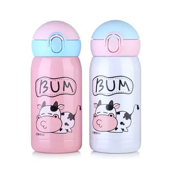 

300ml Kids Thermos Bottle with Straw Insulated Drink Mug Leak Proof Stainless Steel Insulated Milk Straw Bottle for Kids White