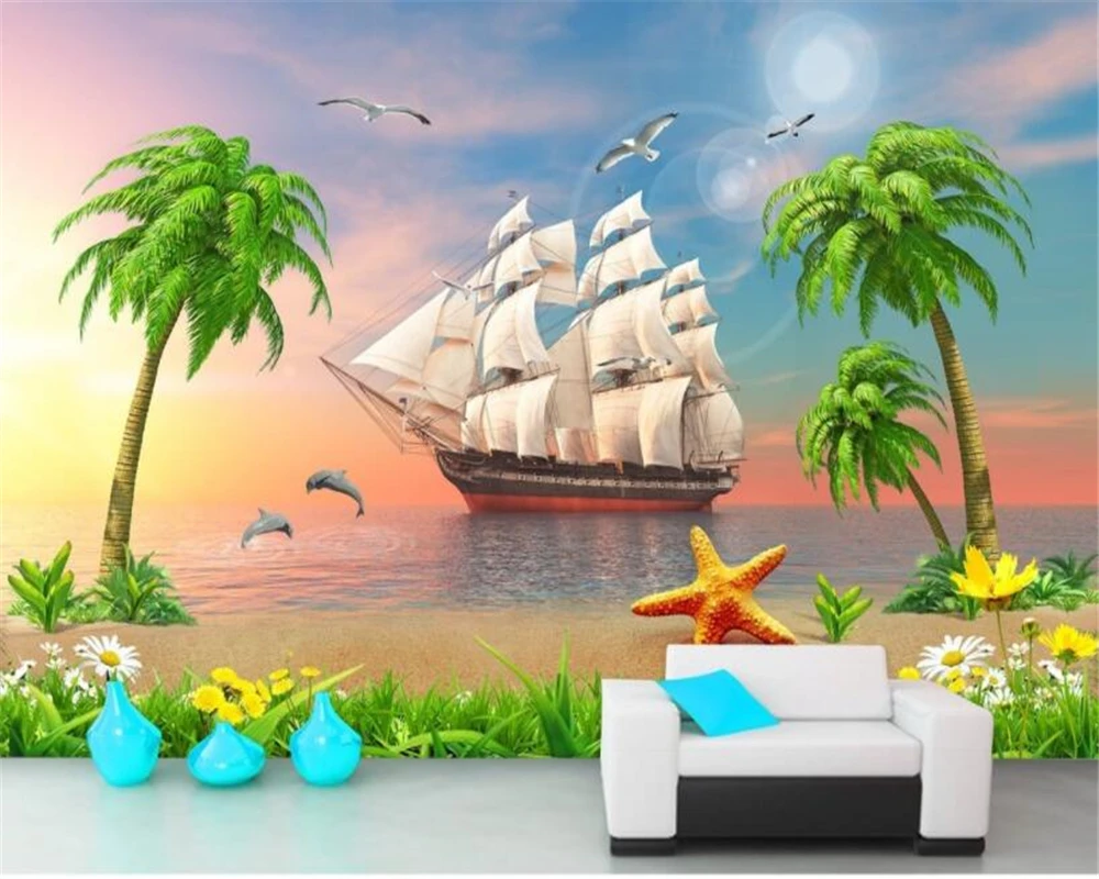beibehang Custom High Quality Photo Mural Wallpaper Sunset Seascape Coconut Tree papel de parede 3d wallpaper tapety | Обустройство