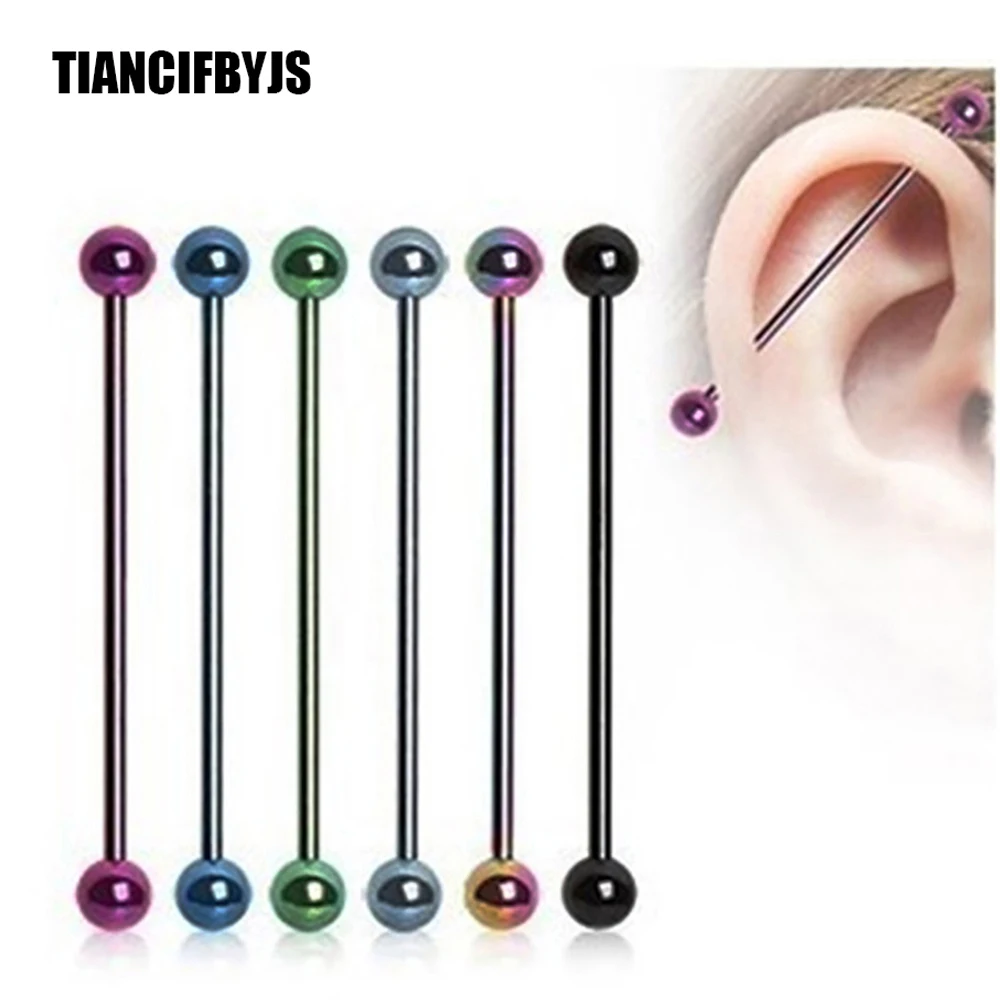 

TIANCIFBYJS Anodized Surgical Steel Industrial Barbells Earrings Straight Long Bar Ear Piercing Ring Body Jewelry Mix 7 Colors
