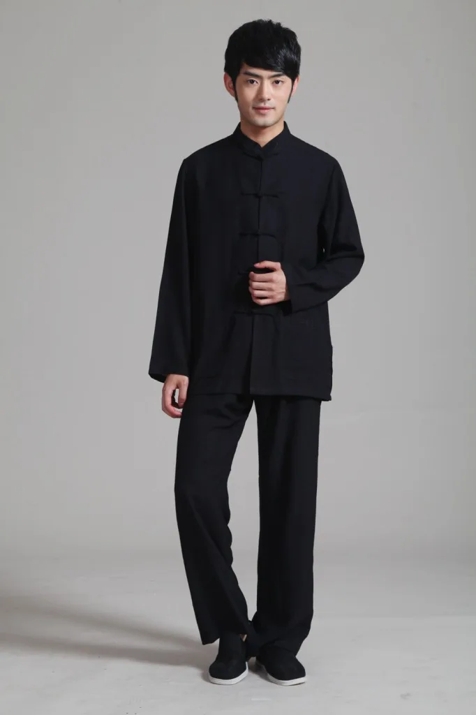 Традиционный китайский стиль бежевый мужской льняной кунг-фу наборы куртка брюки костюм Размер S M L XL XXL XXXL 2352-2 - Цвет: black