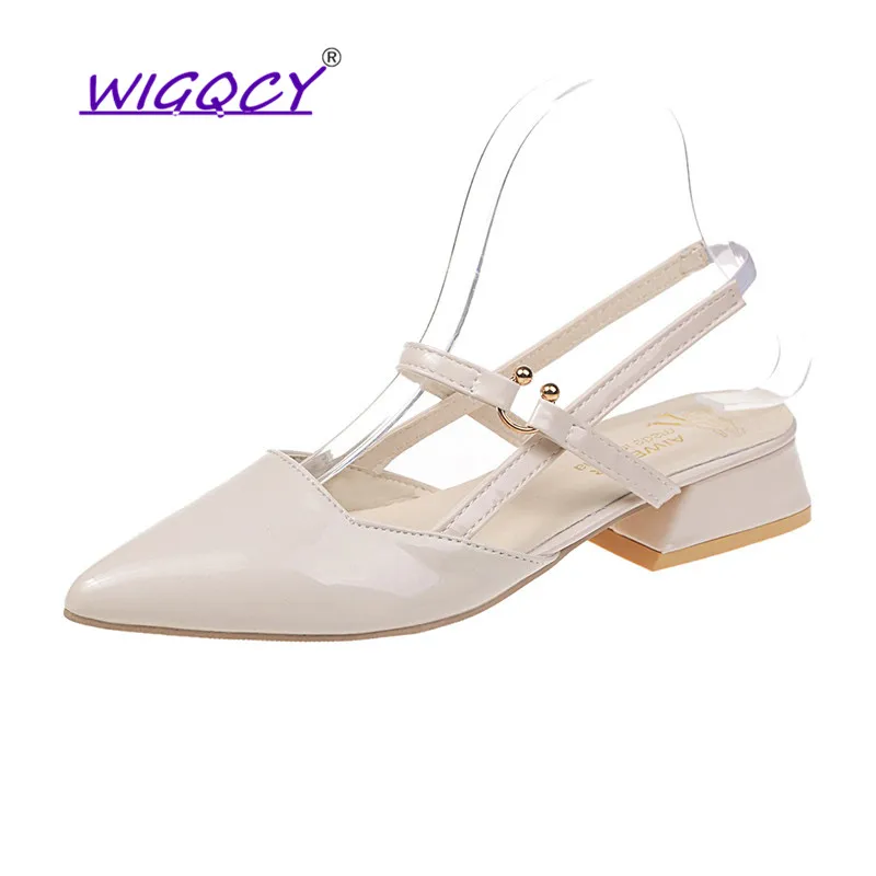 

New Pointed Toe Riband sandals women 2019 summer shoes women Sexy Fashion Buckle Strap Square heel Patent Leather female shoes