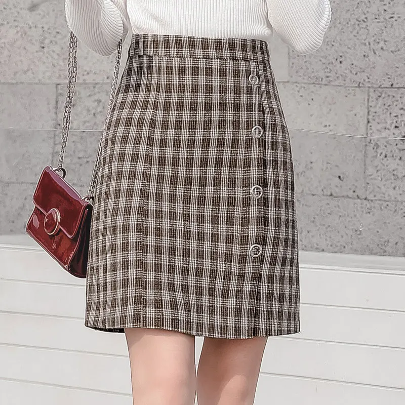 

Fashion women's new solid color plus fertilizer XL split plaid skirt