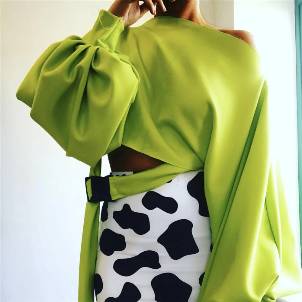 

Solid Color Off-the-shoulder Waist Belt Lanterns Sleeves Casual Sweatshirt Women Clothing