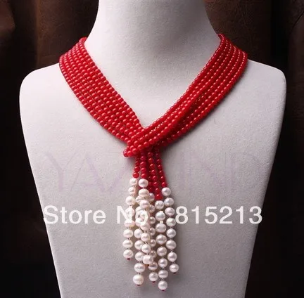 

FREE SHIPPING>@@> N35 5mm red coral round bead 8mm white freshwater pearl 3 individual necklace
