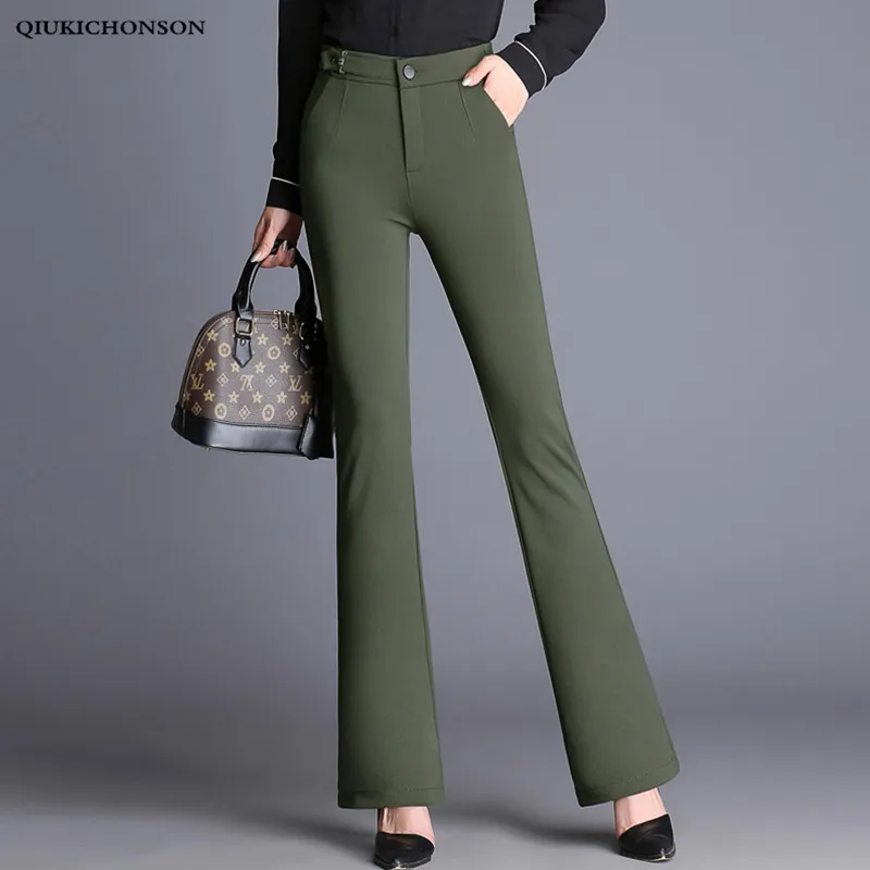 

Elegant Ladies Trousers Autumn Winter Fashion Metal Buckle Decorate High Waisted Pants Casual Fitness Slight Flared Pants Women