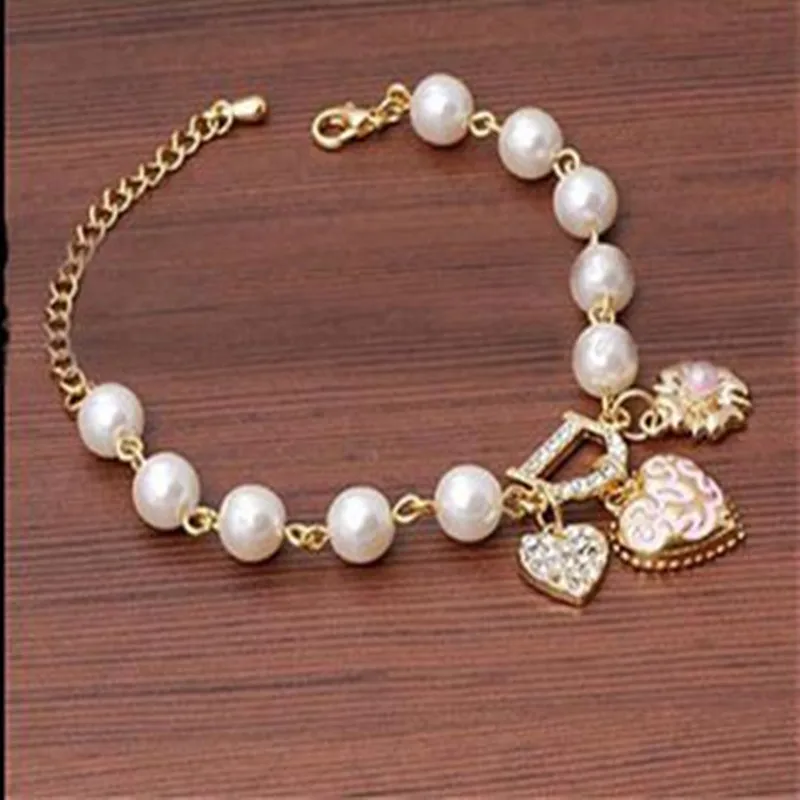 

New D Letter Simulated Pearls Lovers Heart Bracelets Bangles For Women Girls Crystal Bangle Gold Color Flower Bracelet A229