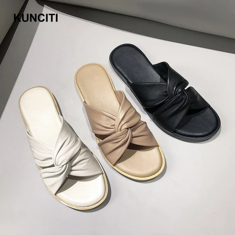 

2019 KUNCITI Sheepskin Slipper Female Shoes European Genuine Leather Summer Beach Shoes Bow Knot Slides Women Mules Shoes T9104