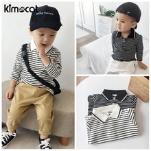 Kimocat/Одежда для маленьких мальчиков весенне-осенние Топы с длинными рукавами для маленьких мальчиков полосатая футболка с отложным воротником из хлопка для детей