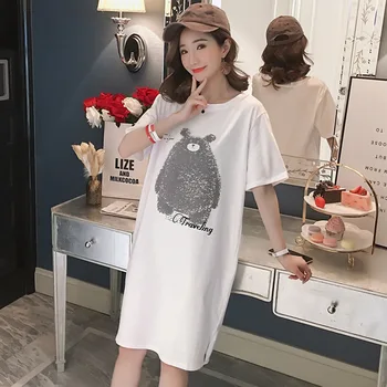 

Pregnant women summer jacket Korean version 2019 new t-shirt cotton short-sleeved loose dress cartoon print pregnancy skirt
