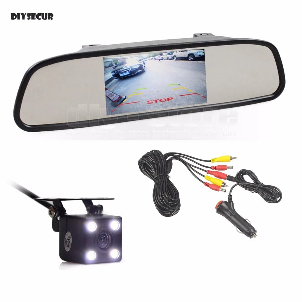 

DIYSECUR Auto HD Parking Monitors System LED Night Vision HD Rear View Camera With 4.3 inch Car Rear View Mirror Monitor