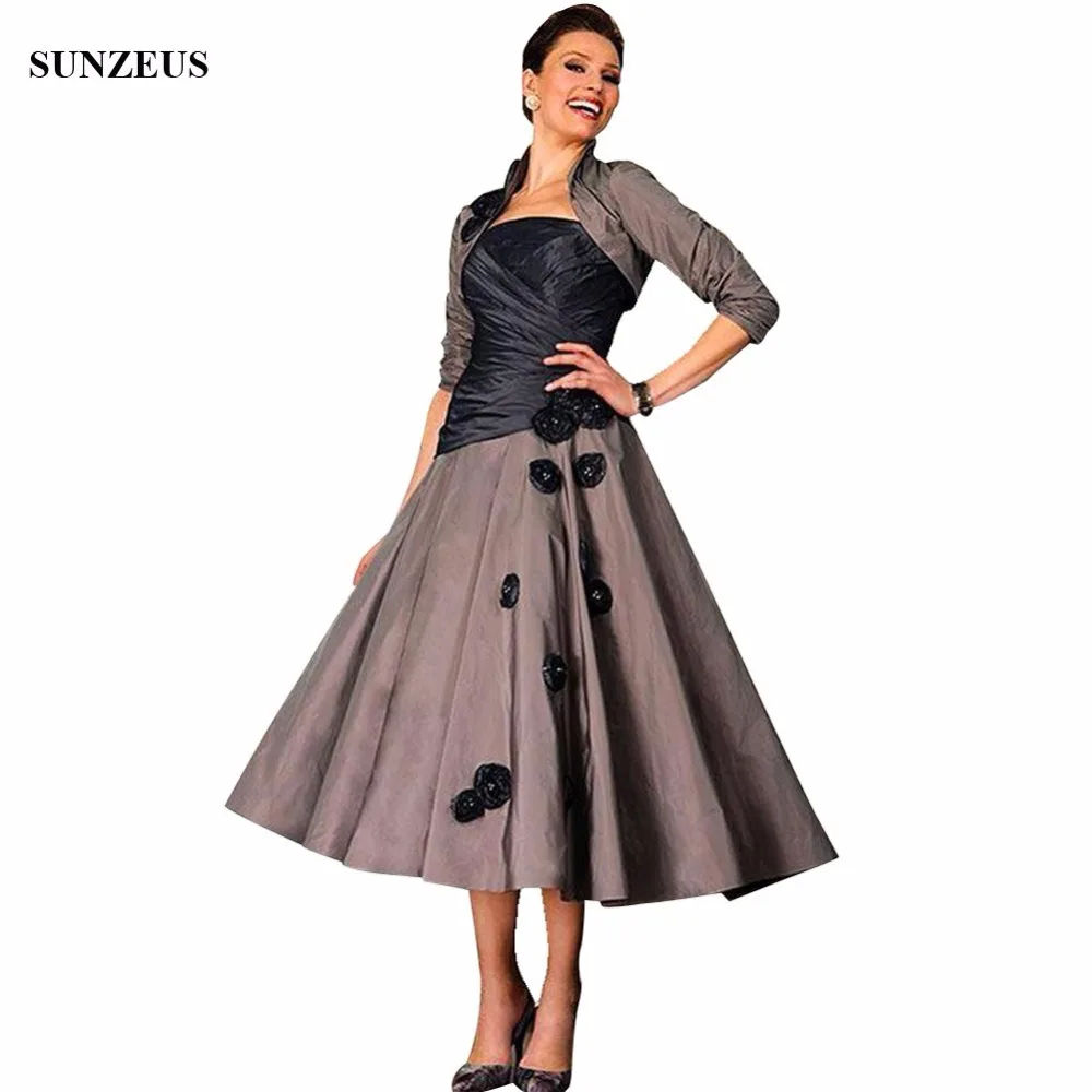 

A-line Strapless Tea Length Taffeta Mother Of The Bride Dress With Jacket Half Sleeves Groom Mama Party Gowns With Flower CM054