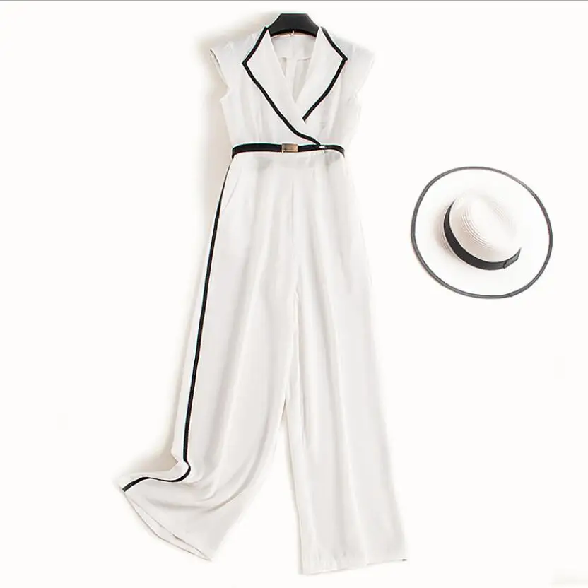 

Runway Designer Chiffon High Waist Sashes Summer Woman White Jumpsuit Turn-Down Collar Sleeveless Suits Vacation Playsuit