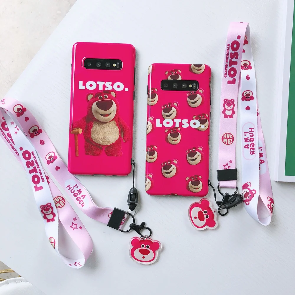 

Crystal Pendant Strap Cartoon S10 Plus Cute Bear Case Soft Hot Pink Phone Cases for Samsung Galaxy S9 plus S8 note 9 8 Cover