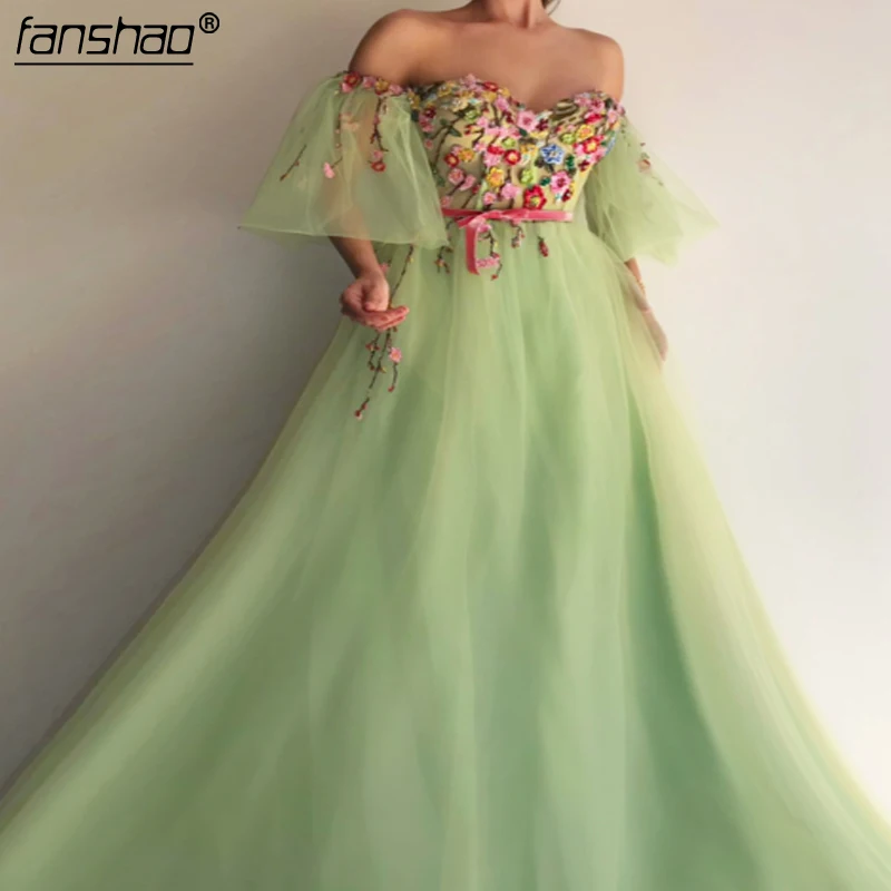 

Mint Green Muslim Evening Dress Off the Shoulder Lantern Sleeves Tulle Islamic Dubai Saudi Arabic Formal Evening Gown Prom Dress