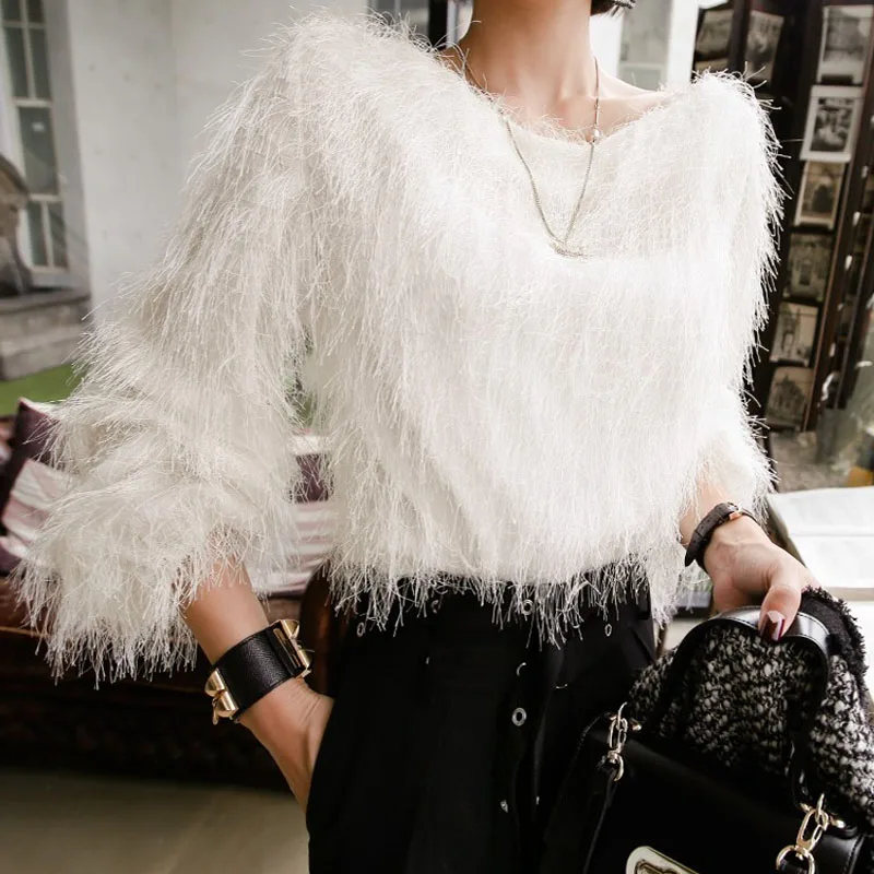 

HAMALIEL Korean Autumn Winter Women T Shirt Fashion Chic White Tassel Long Sleeve Tops Casual O Neck Loose Sweet Crops