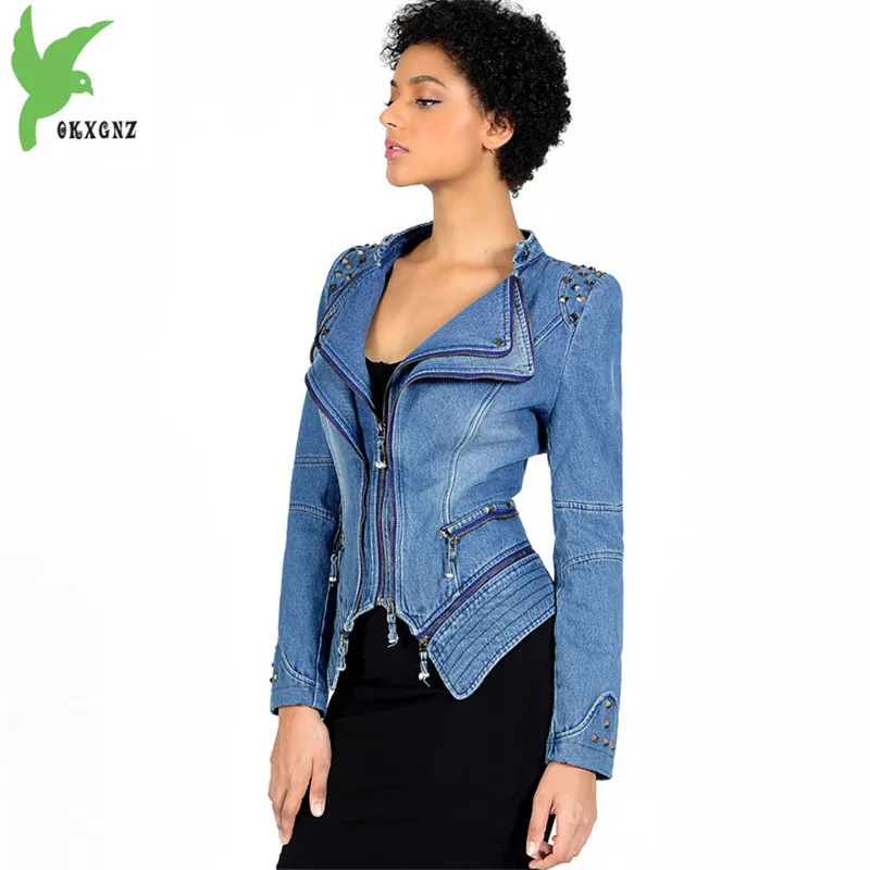 

Short jacket womens 2019 spring denim motorcycle Windbreaker Plus size 6XL zipper tops Diamonds Slim female fashion jeans coats