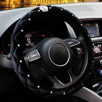 Winter Steering Wheel Cover Diamond Crystal Crown Auto Plush Fur Steering-Wheel Covers Cases Black For Women Girls Car-Styling donyummyjo creative cute cartoon car steering wheel cover winter plush back cat women girls wheel covers car styling decorations