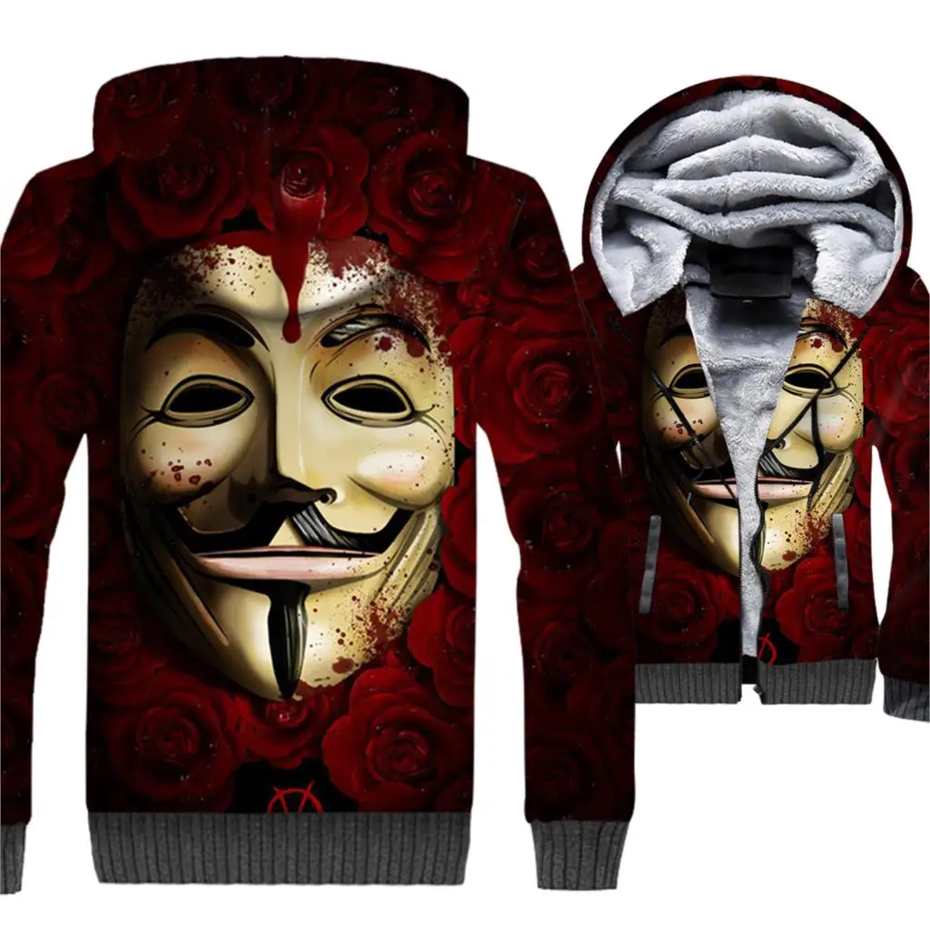 

V for Vendetta Jacket Hip Hop Hoodie Men 3D Print Hooded Sweatshirt 2018 Winter Thick Fleece Warm Zip up Coat Movie Jackets Mens