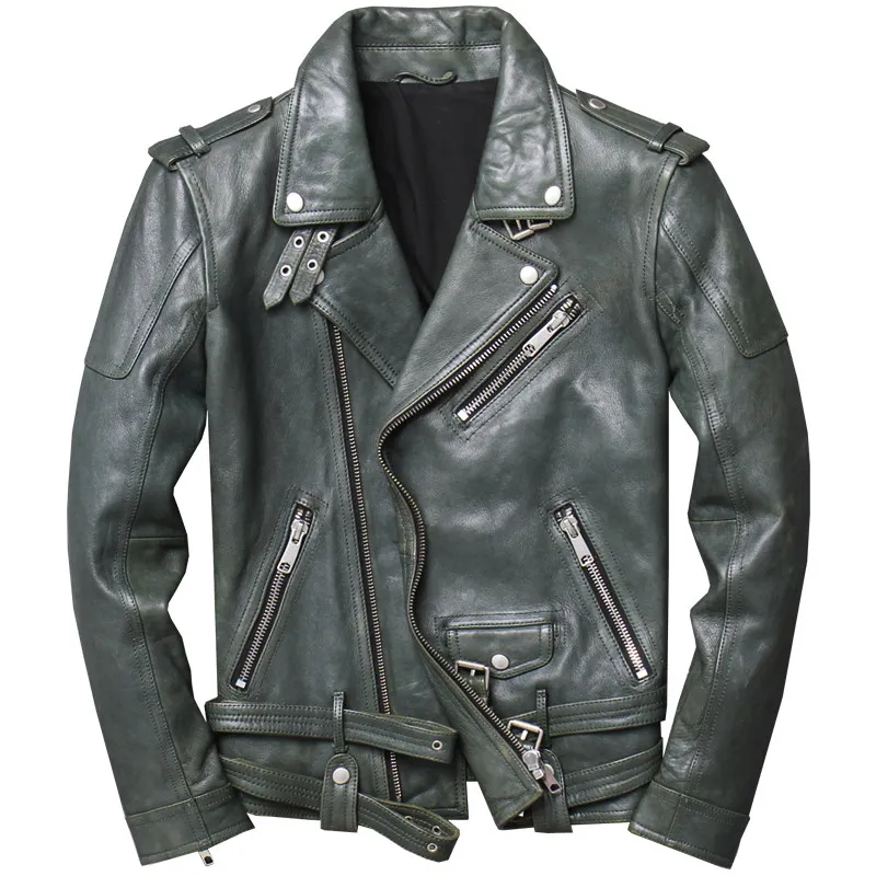 

2019 Green Men American Motorcycle Leather Jacket Plus Size XXXXL Genuine Sheepskin Spring Slim Fit Biker's Coat FREE SHIPPING