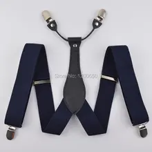 Мужские кожаные подтяжки с 4 зажимами, однотонные синие регулируемые Свадебные подтяжки, брюки, подарки 3,5 см