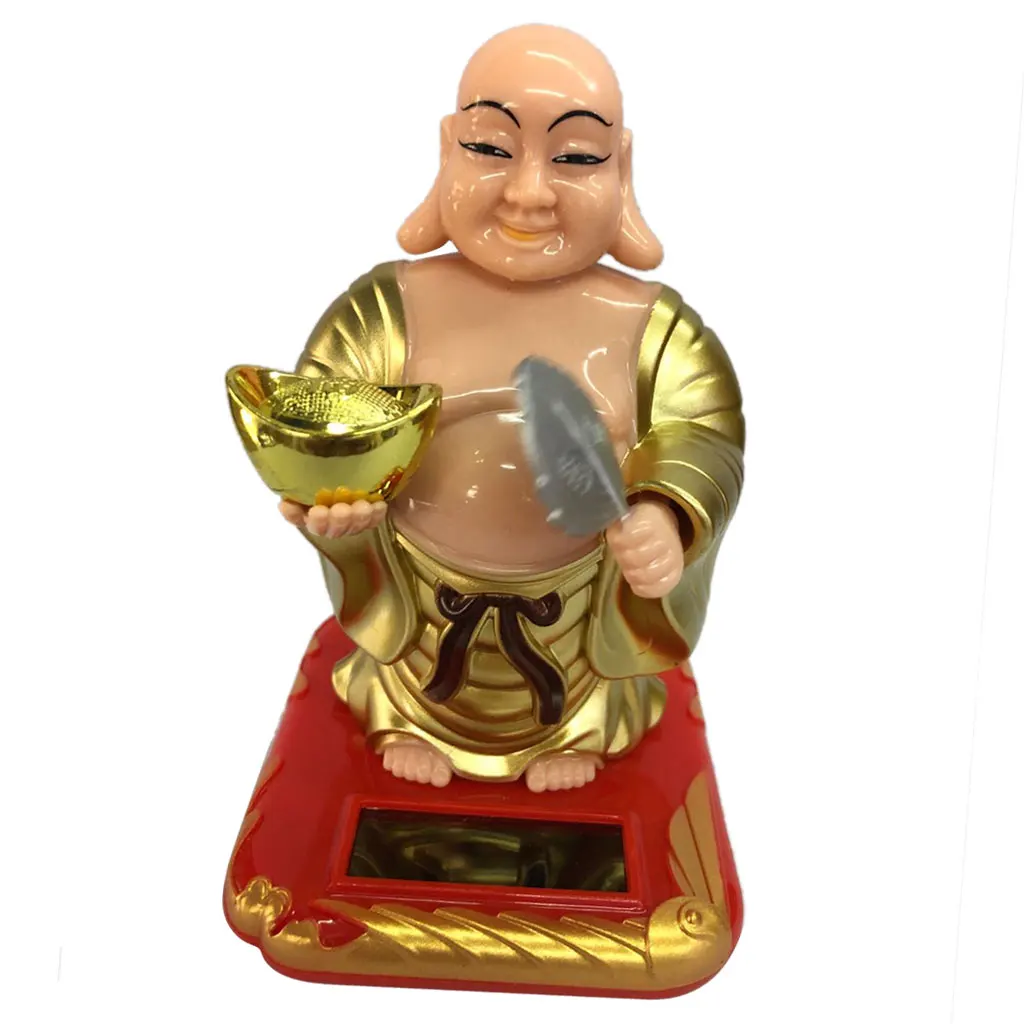 Feng Shui Decoration Solar Powered Waving Fan Lucky Wealth Happy Laughing Buddha -2.36x2.76x3.94inch