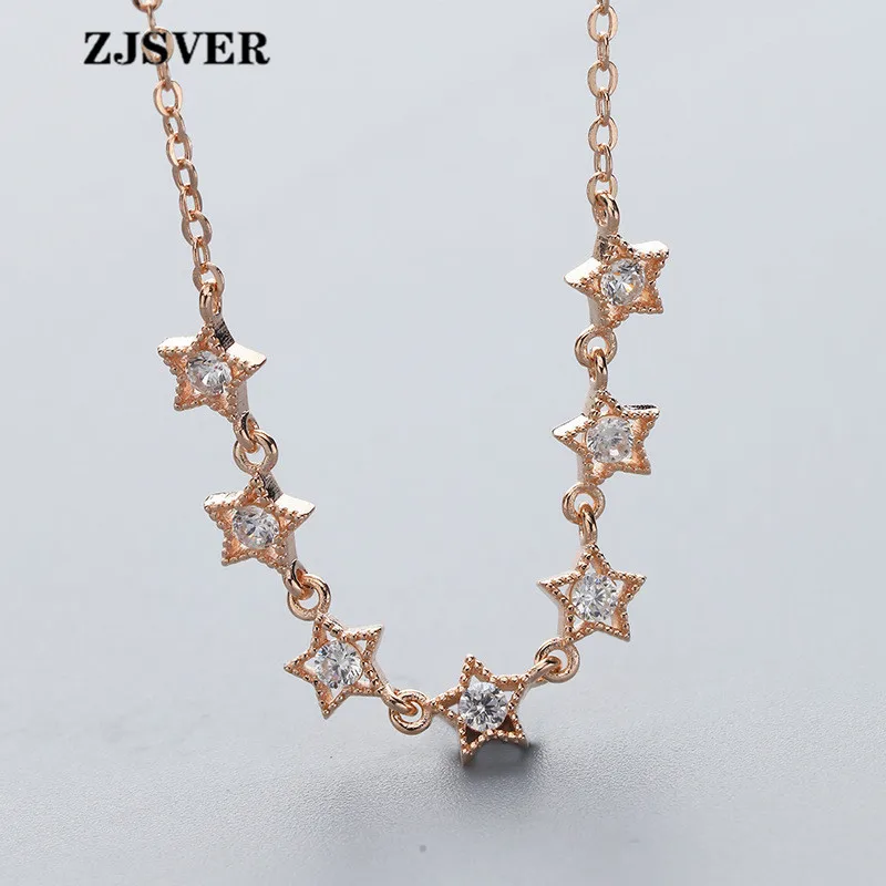 

ZJSVER Fine Jewelry 925 Sterling Silver Necklace Star To Stars Pendant Fashion Rose Gold Choker Chain Women Necklace For Present