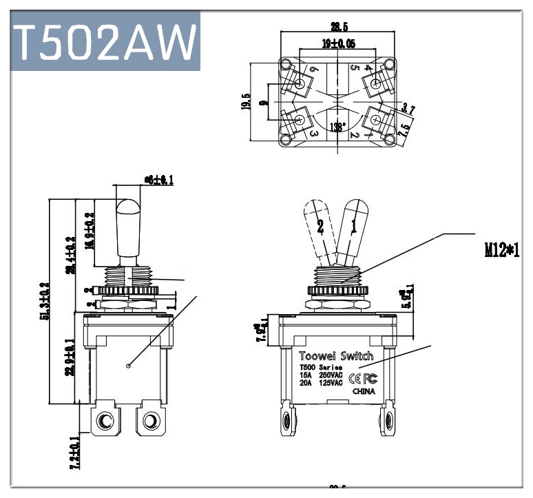 T502AW 4 контакта ВКЛ-ВЫКЛ переключатель/Toowei T500 серии водонепроницаемый тумблер IP67/наружный выключатель/15A 250 В