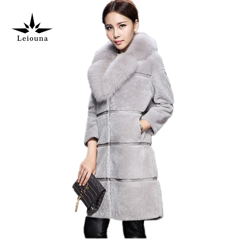 

Leiouna Winter Padded Jacket Women Coats Solid Color Red Fox Fur Collar Seven Divide Sleeve Wool Skin Splice