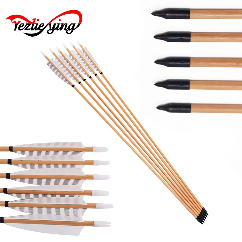 

6pcs 31.5" Wooden Arrows 20-70lbs 5inch White Turkey Feather Vanes for Traditional Bow White pine Hunting