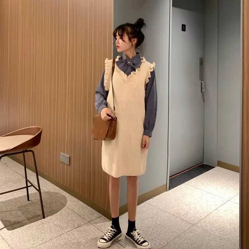 

Women Two Piece Outfits Students New Women's Casual Sweet Loose Shirt + Long Vest Dress Woman Clothes 2019