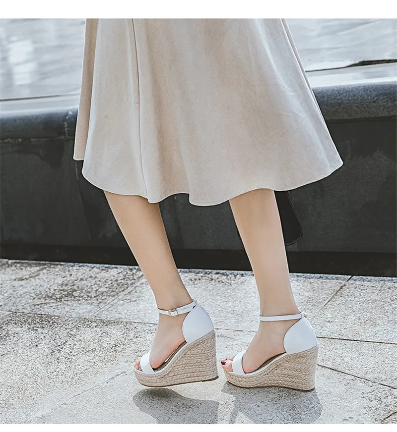 Big Size 34-44 Bohemian Wedges Women Sandals Buckle Strap High Platform Espadrilles Lady Shoes Peep Toe White Pu High Heel Pumps (19)