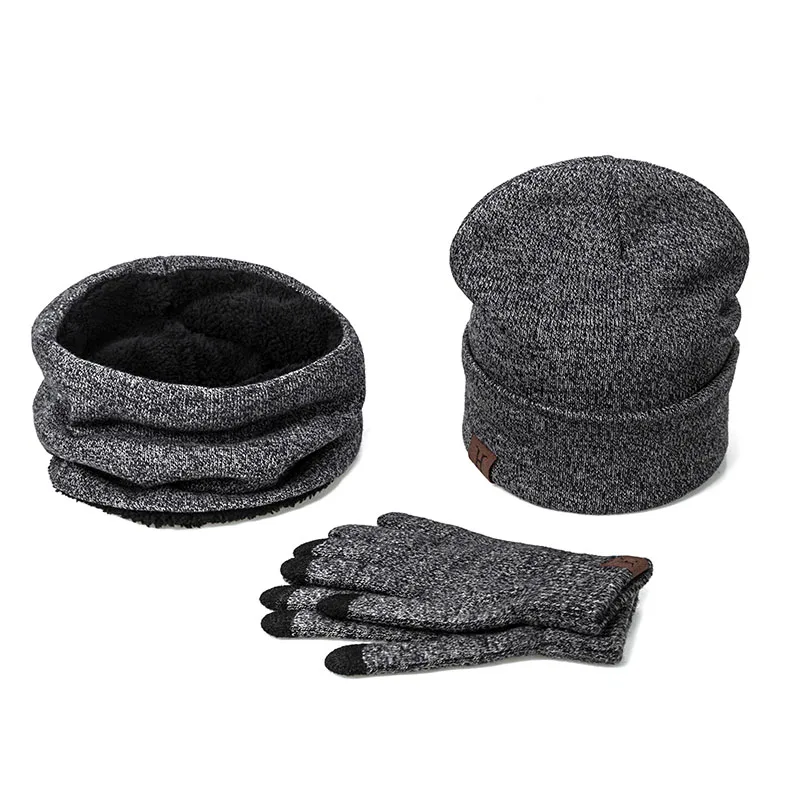 Dark grey Модный комплект из 3 предметов, женская зимняя шапка и наборы перчаток, хлопок, унисекс, шапка, шарф, перчатки, набор, одноцветная шапка и шарф, набор для мужчин и женщин - Цвет: Dark grey