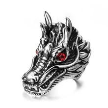 Anillo de acero de titanio con diseño de dragón chino y ojo rojo, anillo de compromiso para hombre