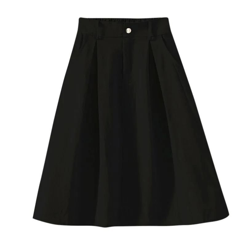 Женская юбка трапециевидной формы, Повседневная модная юбка с высокой талией, Однотонная юбка с карманами средней длины для девочек - Цвет: Черный