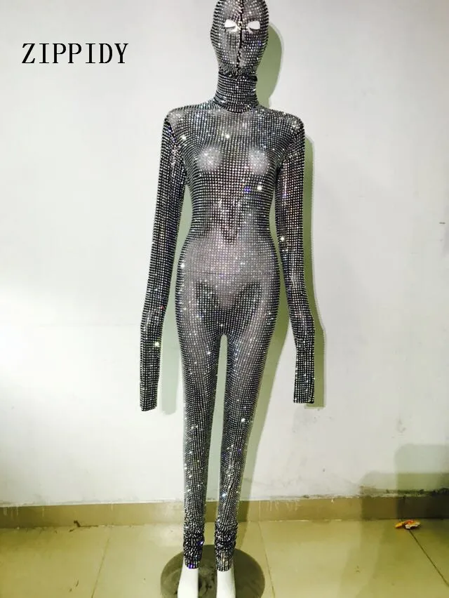 

Fashion Full Glisten Silver Rhinestones Jumpsuit Mask Headpiece Long Sleeves Rompers Performance Party luxurious Costume Outfit