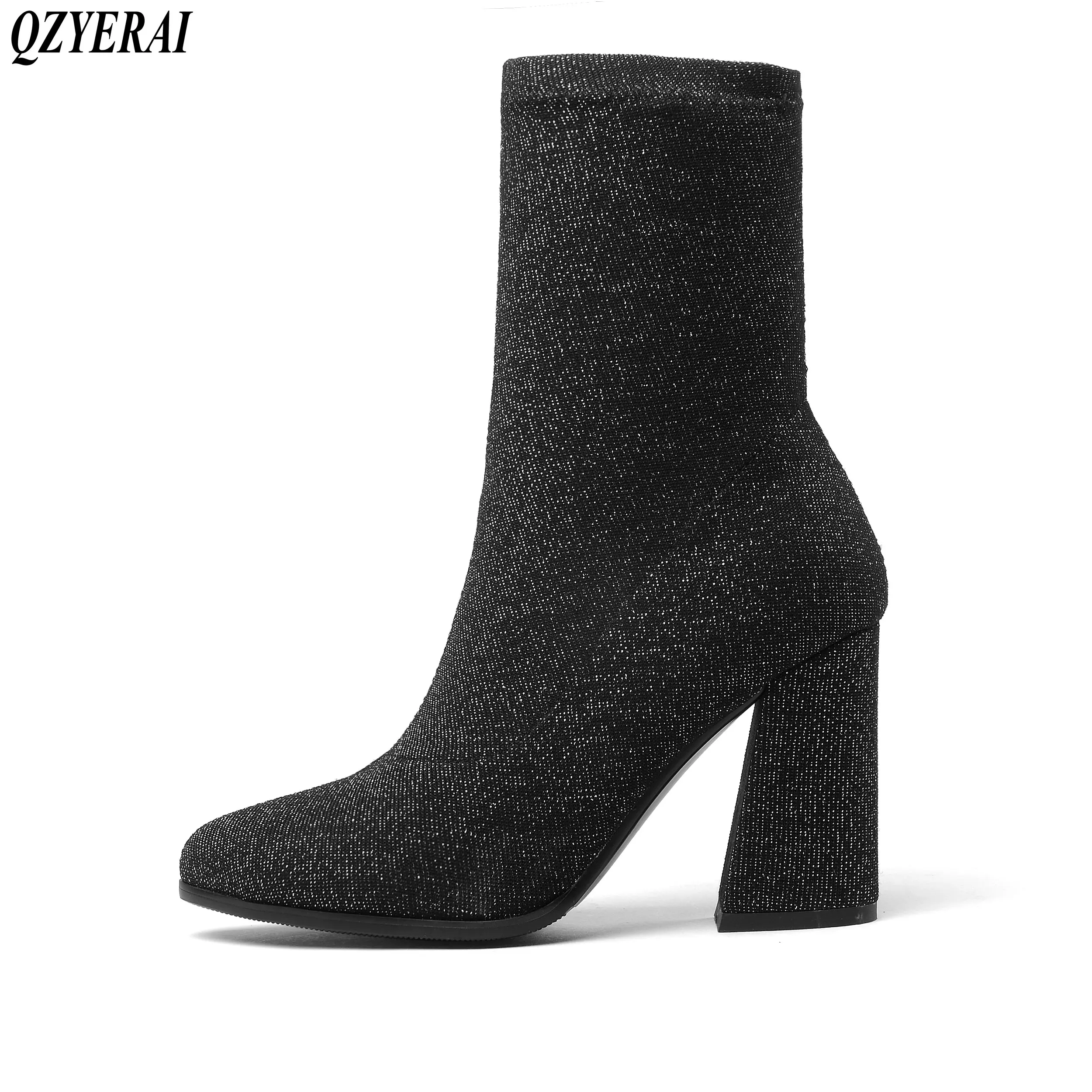 

Female Fashion Ankle Sock Boot Chunky Block Medium Heel Stretch Knit Bootie Elastic Pointed Toe femme Sexy Ladie Shoe Women