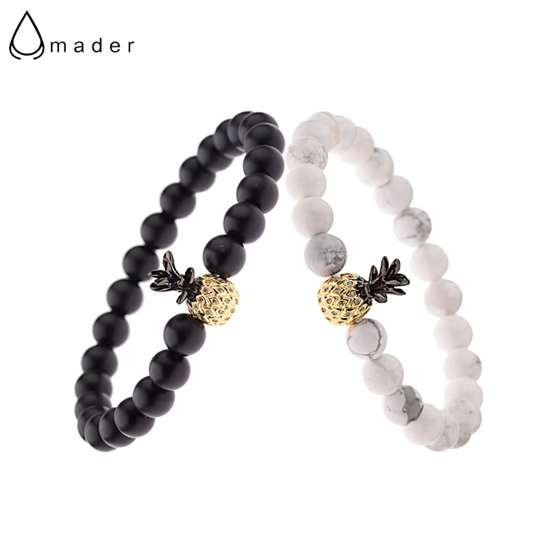 

Amader Charm CZ Pineapple Beads Couple Bracelets Women Distance Black Matte&White Beads Stone Bracelet Lovers Gift AB687