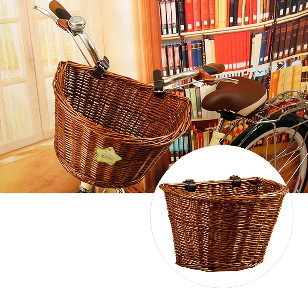 Discount Wicker Bicycle Basket with Brown Straps Strong Lightweight Bike Cycling Basket Ideal for Transporting Shopping 16