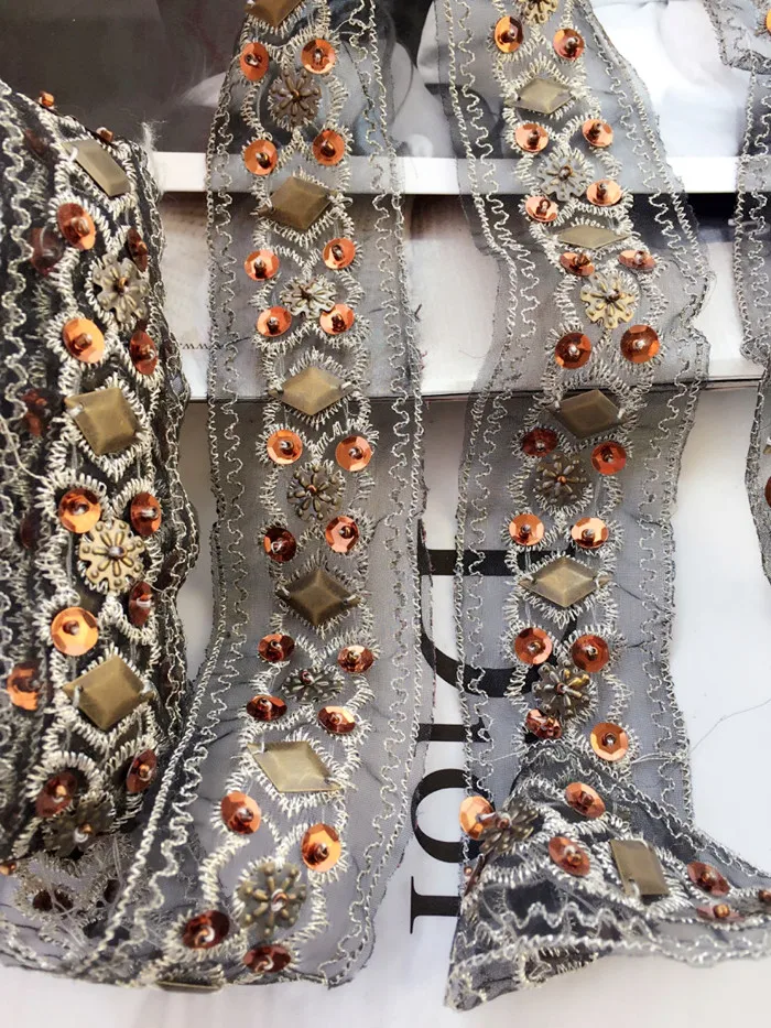 4cm*2m brown Rhinestone Beaded lace trim clothing decorative