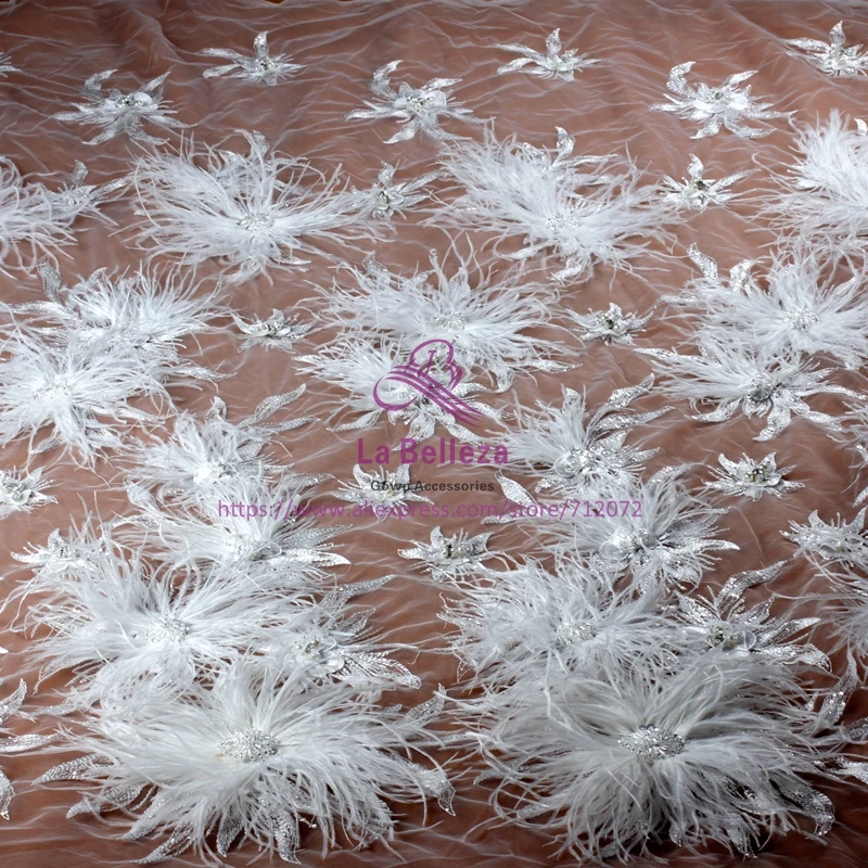La Belleza новые высококлассные блестящие тяжелые 3D Цветы перо бисером кристалл свадебное/вечернее платье кружевной ткани 1 ярд