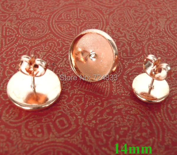 14mm Rose Golden Brass Blank Bases Round Bezel Pin Stud Earrings Post w/ Stopper Earring