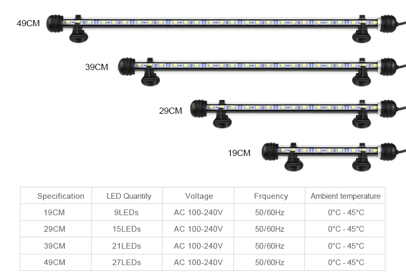 9cm 29cm 39cm 49cm Aquarium LED Fish Tank lamp LED Tube Bulb 9/15/21/27leds Bar Light Submersible Waterproof 100-240V EU Plug