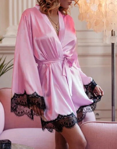 Женское сексуальное нижнее белье, ночная сорочка для девушек, стринги, нижнее белье, атласное шелковое кимоно, халат, свадебное Ночное платье, халат, новинка - Цвет: Розовый