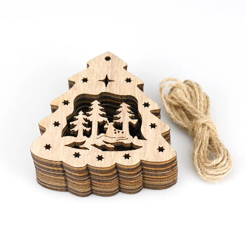 

10PCS Christmas Tree Scene Wood Ornaments 7x8cm DIY Chrismas Tree Pendent Decor Wall Hanging Handmade Craft Wooden Accessories