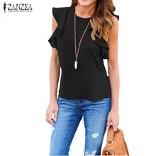 ZANZEA Women Blouse 2017 Summer Sexy O Neck Sleeveless Ruffles Shirts Casual Slim Solid Blusas Plus Size Tee Tops