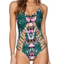 Сдельный купальник трикини, сексуальный купальник, Женский сдельный купальник с цветочным принтом, Зеленый лист, бандаж, бамбуковый Монокини, бикини