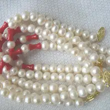 Пресноводный жемчуг 6-7 мм круглый и красный коралловый браслет 7.5 дюйма бусы природа fppj драгоценных камней