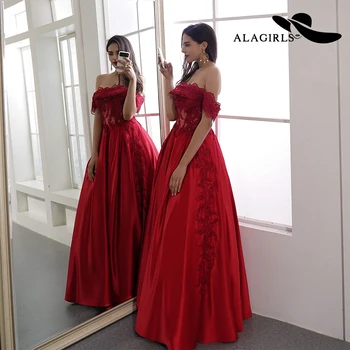 

Alagirls Off-The-Shoulder Evening Dress 2020 A line Illusion Apllquesi Evening Gown vestido longo New Arrival Prom Dresses