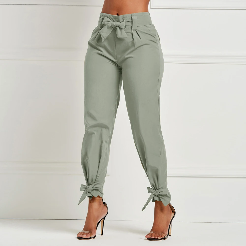 

Laamei 2019 Spring Women Solid Loose Pants Casual High Waist Belt Pocket Bow Tie Ruffles Trousers Women BottomSashes Pants